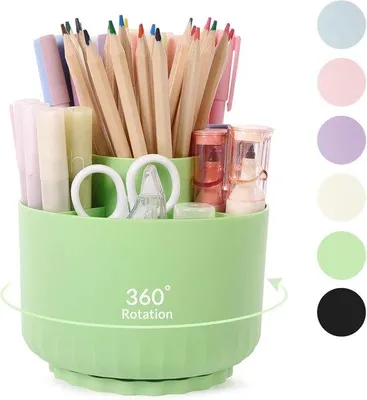 Obrázok produktu pre Uniqoos® Organizér na písací stôl, svetlozelený – otočný o 360°, 5 priehradiek, kompaktný rozmer 13 x 13 x 12 cm, vhodný na uskladnenie pier, kozmetiky a kancelárskeho materiálu