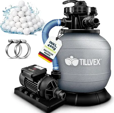 Produktbild von Sandfilteranlage Pool mit Timer 7.900L/h inkl. 400g Filterbälle | Filteranlage 7-Wege Ventil & 2in1 Adapter ?32mm - 38mm | Poolfilter mit Druckanzeige Sandfilter Schwimmbecken (Grau)