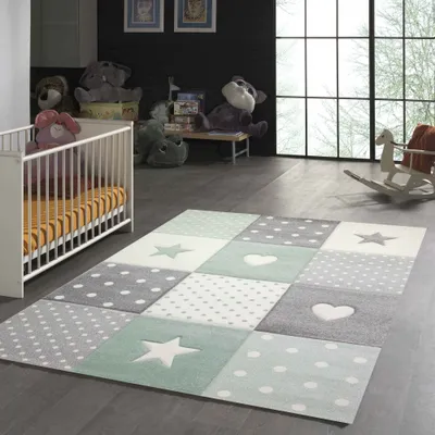 Produktbild von Kinderteppich Herz Stern Punkte Design grün grau creme Größe - 160 x 230 cm