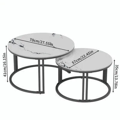 Produktbild von WISFOR 2er Set Couchtisch mit Aluminiumgestell, Satztisch Marmor Optik, Runder Kaffeetisch Wohnzimmertisch Sofatisch, Jadeweiß