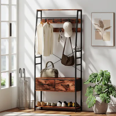 Produktbild von Garderobe mit Schuhregal & Sitzbank, Garderobenständer 6-in-1, 10 Haken, 2 Stoffschubladen, Rustikal-Braun | 80x30x180 cm | Spanplatte & Metall