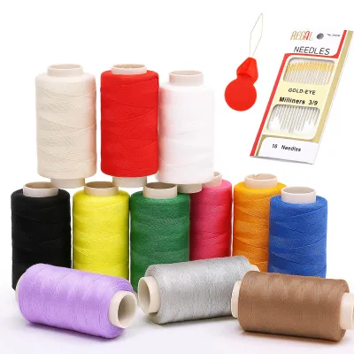 Nähgarn-Set, 12 Farben, 350 m/Spule, 16 Nadeln, Einfädler
