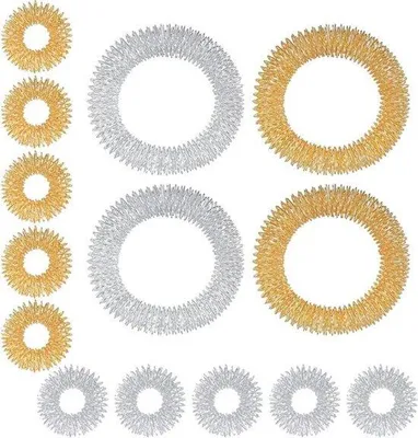 Produktbild von Set mit 14 Finger-Massagern und Armbändern für Stressabbau - Gold und Silber - Akupressur-Ringset mit Arm-Massage - Entspannungstool