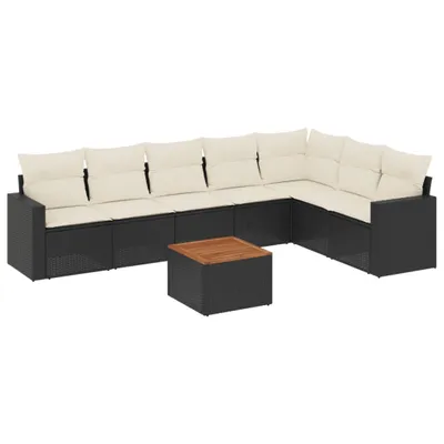 Produktbild von Modulares 8-tlg. Garten-Lounge-Set, Poly Rattan Schwarz, Akazienholz-Tisch, Stauraum, wasserabweisende Kissen Cremeweiß
