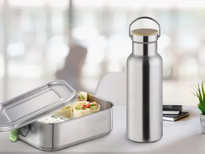 Produktbild von Set Trinkflasche & Lunchbox aus Edelstahl, Brotdose Thermosflasche auslaufsicher