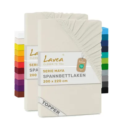 Zdjęcie produktu dla Lavea® 2 prześcieradła z gumką 200 x 220 cm, prześcieradło 100% bawełna dżersejowa, z gumką na całym obwodzie, do materacy o wysokości do 12 cm, miękkie, stabilne, trwałe, kremowo-naturalnobiałe