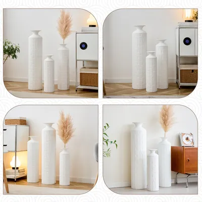 Produktbild von MODFU 3er Set Bodenvase,Metallbodenvasen in Weiß mit Reliefstruktur,50/65/85 cm Höhe,für Wohnzimmer und Flur