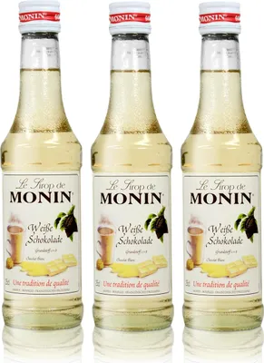 Produktbild von 3x Monin Weiße Schokolade Sirup, 250 ml Flasche - für Cocktails, zum Kaffee ode