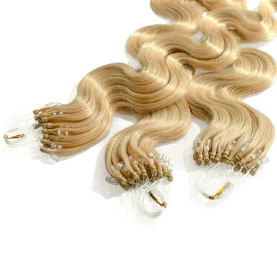 Produktbild von hair2heart Microring Extensions Echthaar gewellt 9/31 Lichtblond Gold-Asch - 25 Strähnen 0.5g 60cm, Echthaar Extensions für dauerhafte Haarverlängerung