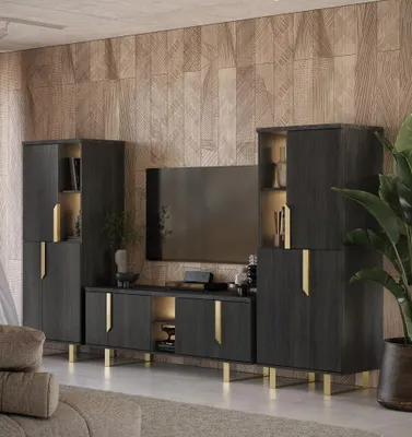 Produktbild von Wohnwand Orion 3-Teilig in Schwarz/Gold 205 cm