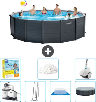 Produktbild von Intex runder Pool mit graphitgrauem Paneel – 478 x 124 cm – inklusive Pumpe – Leiter – Bodenplane – Abdeckung Wartungspaket - Filterbälle - Staubsauger