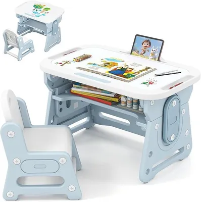 Imagen del producto de Mesa infantil con silla, conjunto de asientos para niños con altura ajustable, pizarra inclinable y accesorios, juego de mesa y silla para niños con espacio de almacenamiento, escritorio infantil para niños y niñas a partir de 3 años, color azul