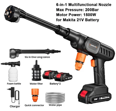 Zdjęcie produktu dla Myjka wysokociśnieniowa akumulatorowa - 21V, pistolet myjący - 3500W - ciśnienie wody 200 bar - 2 akumulatory - wtyczka EU - do mycia samochodów
