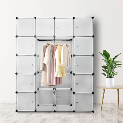 Produktbild von Jopassy DIY Regalsystem Kleiderschrank 20 Boxen Kunststoff Kleiderschrank Garderobenschrank 180x142x37cm Weiß Mit Tür
