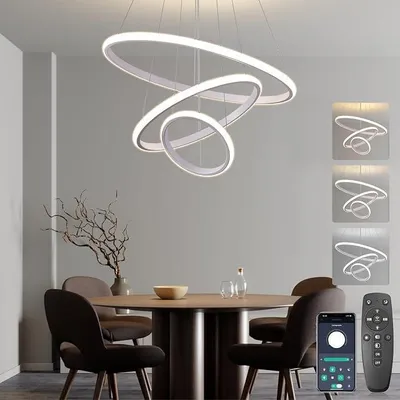 Obrázek produktu pro Závěsné světlo, jídelní stůl, lampa na jídelní stůl, výška nastavitelná, jídelní lampy, 45W, 3 žárovky, závěsné osvětlení, stmívatelné, s dálkovým ovládáním, LED závěsné světlo, vhodné do obývacího pokoje, jídelny, kuchyně, baru (bílá)