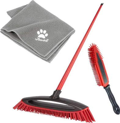 A set of cleaning tools including a broom, a brush, and a microfiber cloth, arranged on a white background.