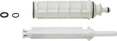 Two white plastic filter components and two black O-rings are shown against a white background.
