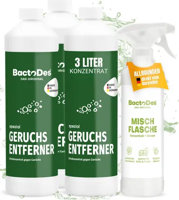 Produktbild von BactoDes Spezial Geruchsentferner 3 L I Enzymreiniger mit biologischer Mikrobenkraft & Tiefenwirkung inkl. Spray-Mischflasche I Effektiver Geruchsneutralisierer für Haus, Auto & Textilien