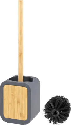 Produktbild von eluno WC-Garnitur mit soft-touch Oberfläche aus Kunststoff und Bambus, modernes und zeitloses Design, freistehende WC-Bürste, Klobürstenhalter inklusive 1 Ersatzbürstenkopf & EVA Pads gegen Kratzer, Grau