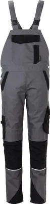 A full-body shot of a pair of gray and black work overalls.