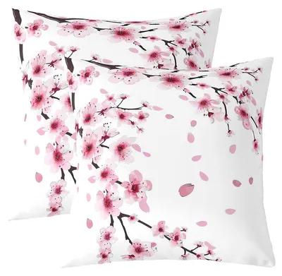 Sierkussenslopen 40x40 cm, 2er-Set, Kirschblüten, Polyester, weiß-rosa