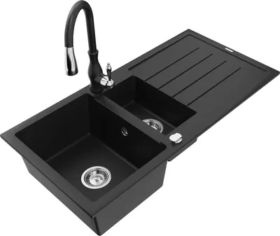 Produktbild von Mexen Andres 1,5-Becken-Granitspüle mit Abtropffläche und Mischbatterie Savita, Schwarz - 6515-77-672601-70