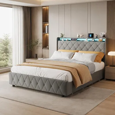Zdjęcie produktu dla Łóżko tapicerowane INONEFT, 160x200 cm, z oświetleniem LED i portami USB, podwójne łóżko z 4 szufladami, łóżko młodzieżowe z pojemnikiem na pościel, obicie z flaneli, kolor: szary, Obraz wygenerowany przez AI