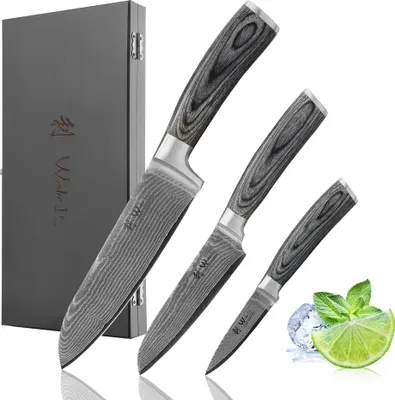 Produktbild von Wakoli EDIS 3er Damastmesser-Set I Holzbox I 8-17 cm Klinge I Pakkaholzgriffe