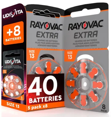 Produktbild von 40 Hörgerätebatterien Rayovac Extra 13 + 8 Udivita-Batterien