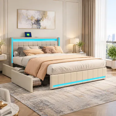 Productafbeelding van INONEFT Boxspringbed 160 x 200 cm met 4 lades, tweepersoonsbed, bed met opbergruimte, LED-hoofdeinde en USB-aansluiting, jeugdbed met lattenbodem, linnen, beige