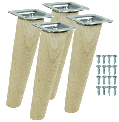 Produktbild von Möbelbeine aus massiver, unbehandelter Eiche, schräge Form, 20 cm, Montagefertiges Set, 4 Stück mit Schrauben