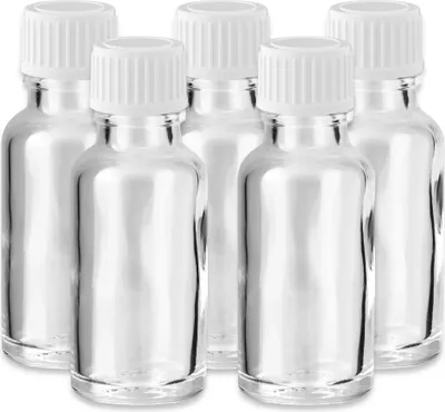 Produktbild von 5x Klare Glasflasche 20 ml mit weißem Kunststoff Schraubverschluss Set
