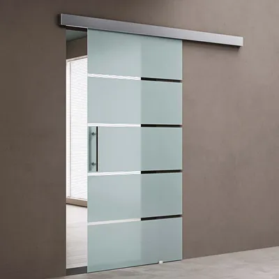 Produktbild von doporro Glasschiebetür komplettset 77,5 x 205cm Schiebetür mit ESG 15mm Wandabstand Zimmertür Glas 5-Milchglas-Streifen mit Stangentürgriff