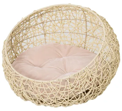 Image de Caisse pour chat avec coussin – Imitation rotin en PVC | Couleur : Beige | Dimensions : 56 x 56 x 35 cm