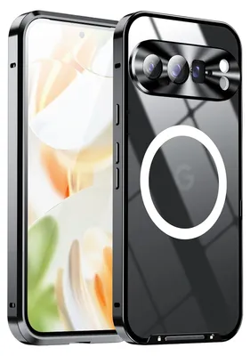 A black phone case with a magnetic ring and camera lens protection is shown on a black background.