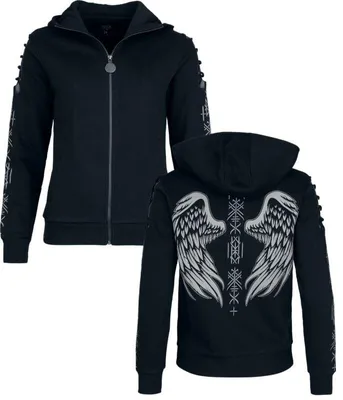 Produktbild von Black Premium by EMP Damen schwarze Kapuzenjacke mit Flügel-Print und Cut-Outs XXL