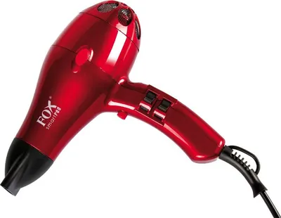 A red hair dryer on a white background.