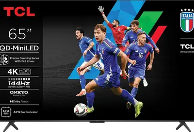 A TCL television screen displaying a soccer game with Italian players.