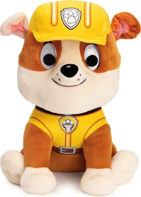 A plush toy of the character Rubble from Paw Patrol, sitting and facing forward.