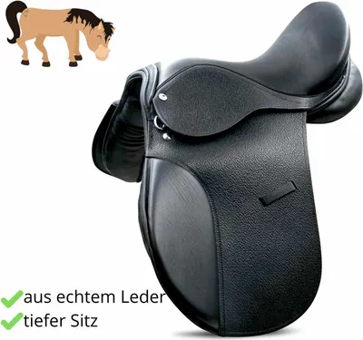 A black leather saddle for a pony, with a small illustration of a pony in the upper left corner and text indicating features.