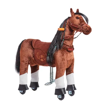 A brown toy horse with a saddle and bridle, standing on a white background.