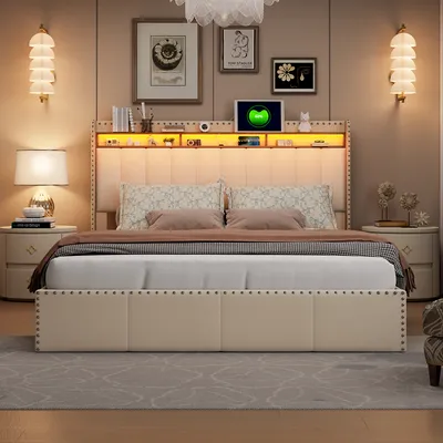 Produktbild von Polsterbett 140x200cm mit USB und Lattenrost, Jugendbett Doppelbett mit Stauraum, Stauraumbett Massivholzbett mit LED/Typ C und Lattenrost, Samt