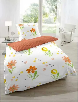 Produktbild von Magita Renforcé Bettwäsche Blumen Orange Weiß 100% Baumwolle Reißverschluss Bettbezug Kissenbezug Bettgarnitur Bettwäsche-Set 155x220 cm Weiß