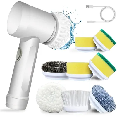Image de Brosse électrique pour le nettoyage - 3 têtes de brosse interchangeables - Manche en plastique - Télescopique - Pour salle de bain et cuisine