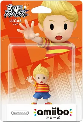 A Nintendo amiibo figure of Lucas from Super Smash Bros. in its retail packaging.