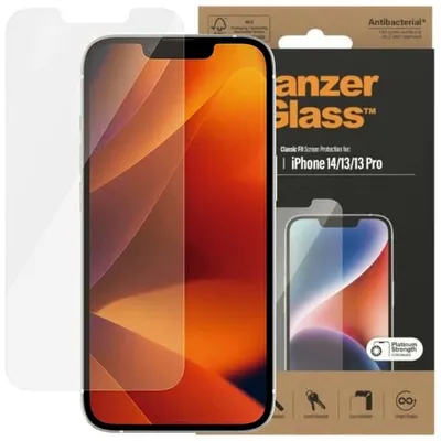 Zdjęcie produktu dla PanzerGlass ® Screen Protector iPhone 14 | 13 | 13 Pro | 16e | Classic Fit, Apple, Apple - iPhone 14, Apple - iPhone 13, Apple - iPhone 13 Pro, Aplikacja na sucho, Odporny na zadrapania, Odporny na wstrząsy, Przeciwbakteryjny, Przezroczysty, 1 szt.