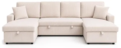 Image de Best Mobilier Meiya - Canapé panoramique en U 7 places convertible avec coffre en velours côtelé , Beige
