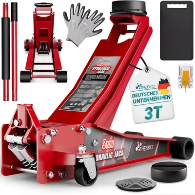 Zdjęcie produktu dla TRESKO® Hydrauliczny podnośnik samochodowy 3T wysokość podnoszenia 75-510mm | Hydrauliczny podnośnik samochodowy z płaskim podwójnym tłokiem i rolkami 360° w zestawie 2X gumowa podkładka, mata ochronna, rękawice, nóż profilowy