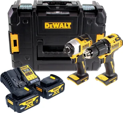 A set of DeWalt power tools, including a drill and impact driver, with two batteries, a charger, and a storage case, displayed on a white background.