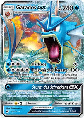 A close-up of a Pokemon trading card featuring Garados GX.